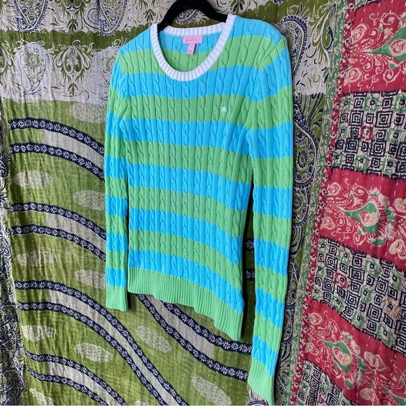Y2K Lilly Pulitzer Blue/ Green Logo Striped Cable Knit Sweater Size Extra Small - Picture 7 of 16